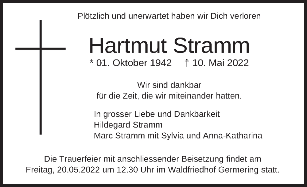  Traueranzeige für Hartmut Stramm vom 16.05.2022 aus merkurtz