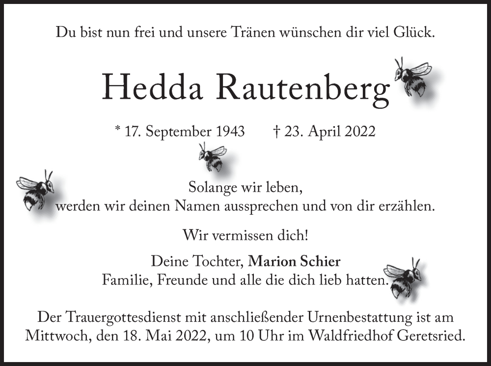  Traueranzeige für Hedda Rautenberg vom 07.05.2022 aus merkurtz