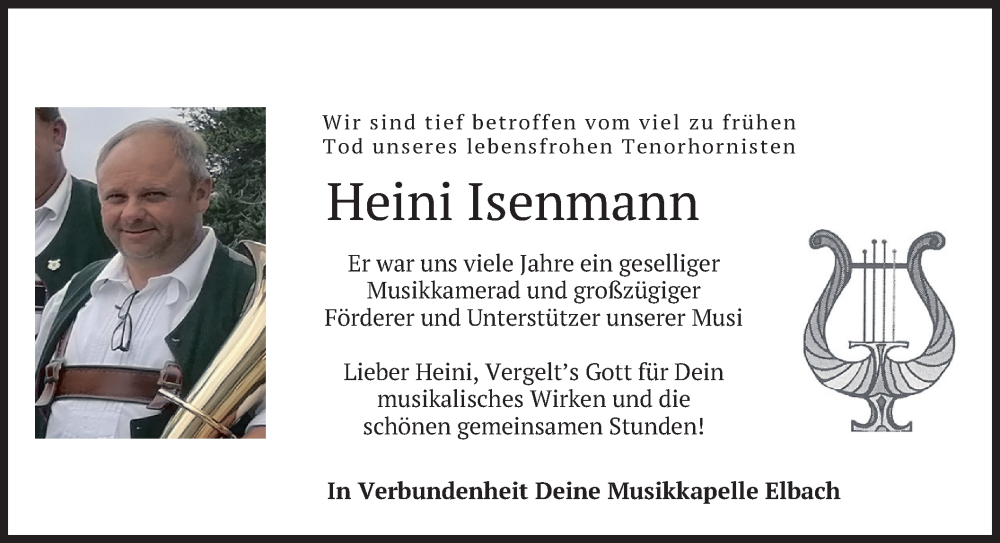  Traueranzeige für Heini Isenmann vom 25.05.2022 aus merkurtz