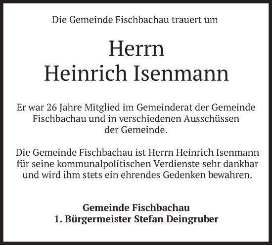 Traueranzeige von Heinrich Isenmann von merkurtz