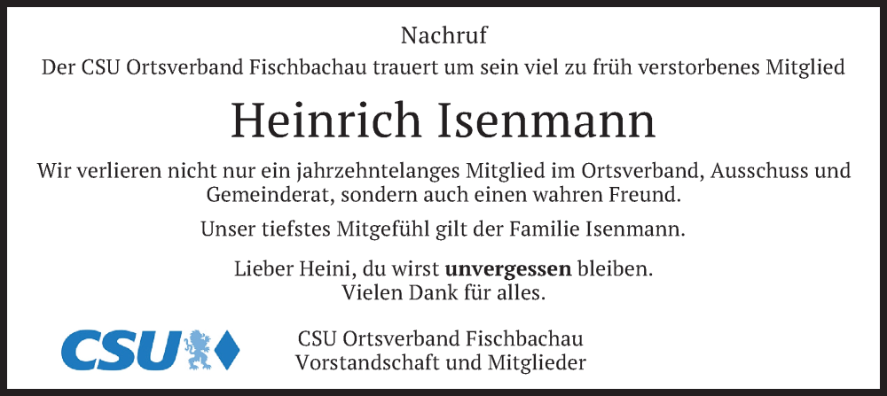  Traueranzeige für Heinrich Isenmann vom 27.05.2022 aus merkurtz