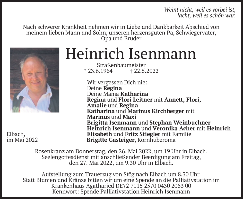  Traueranzeige für Heinrich Isenmann vom 24.05.2022 aus merkurtz