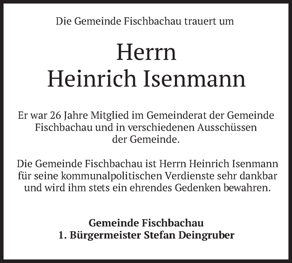  Traueranzeige für Heinrich Isenmann vom 25.05.2022 aus merkurtz