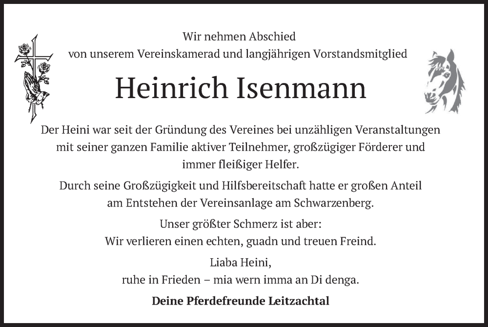  Traueranzeige für Heinrich Isenmanne vom 25.05.2022 aus merkurtz
