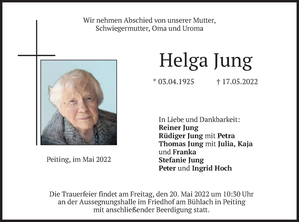  Traueranzeige für Helga Jung vom 19.05.2022 aus merkurtz