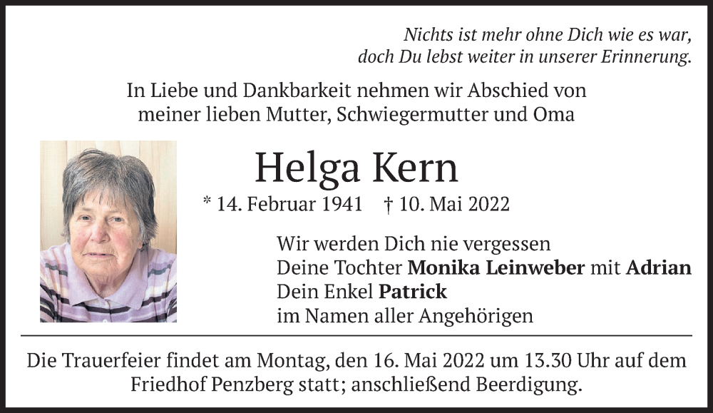  Traueranzeige für Helga Kern vom 14.05.2022 aus Das Gelbe Blatt Penzberg
