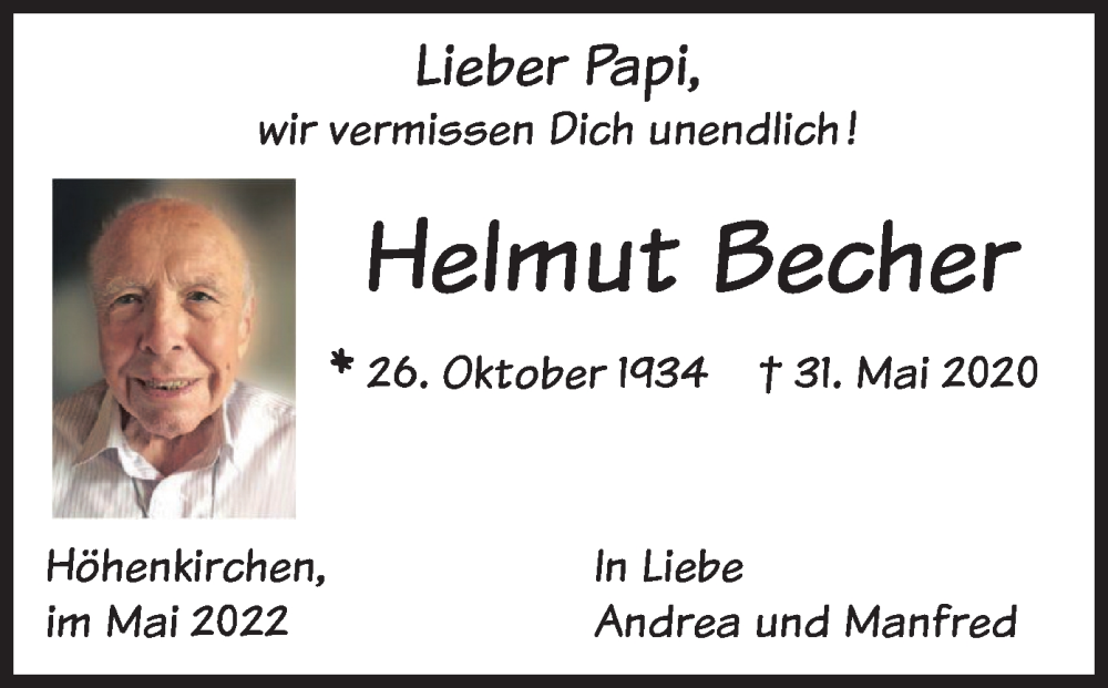  Traueranzeige für Helmut Becher vom 31.05.2022 aus merkurtz