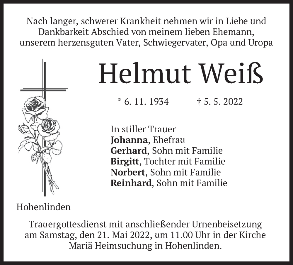  Traueranzeige für Helmut Weiß vom 14.05.2022 aus merkurtz