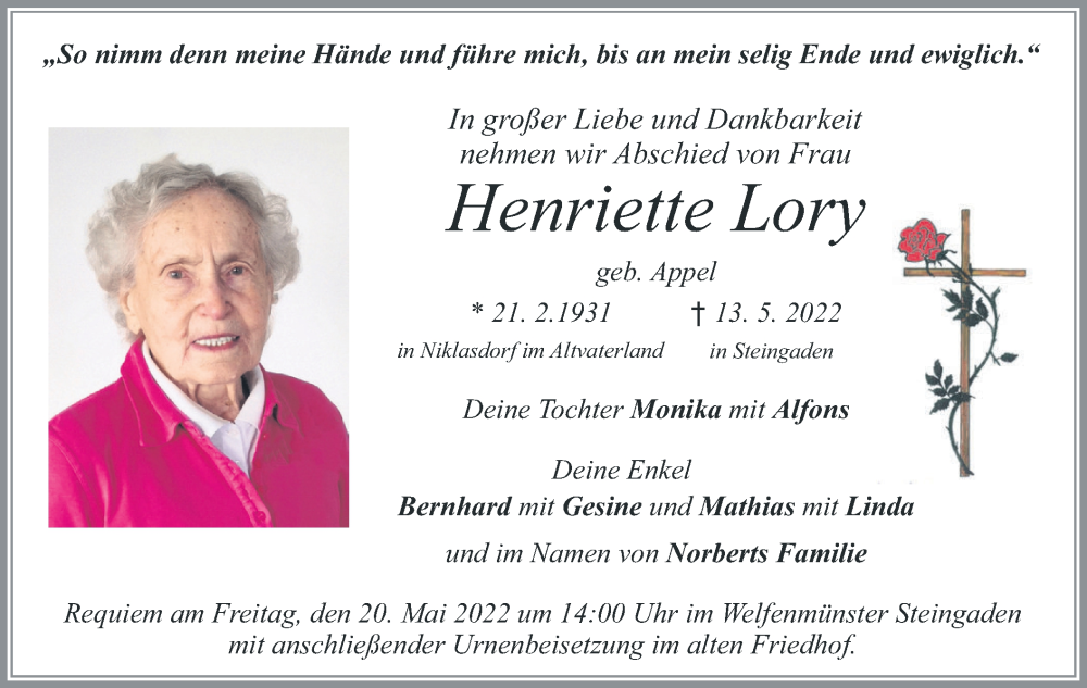  Traueranzeige für Henriette Lory vom 18.05.2022 aus merkurtz
