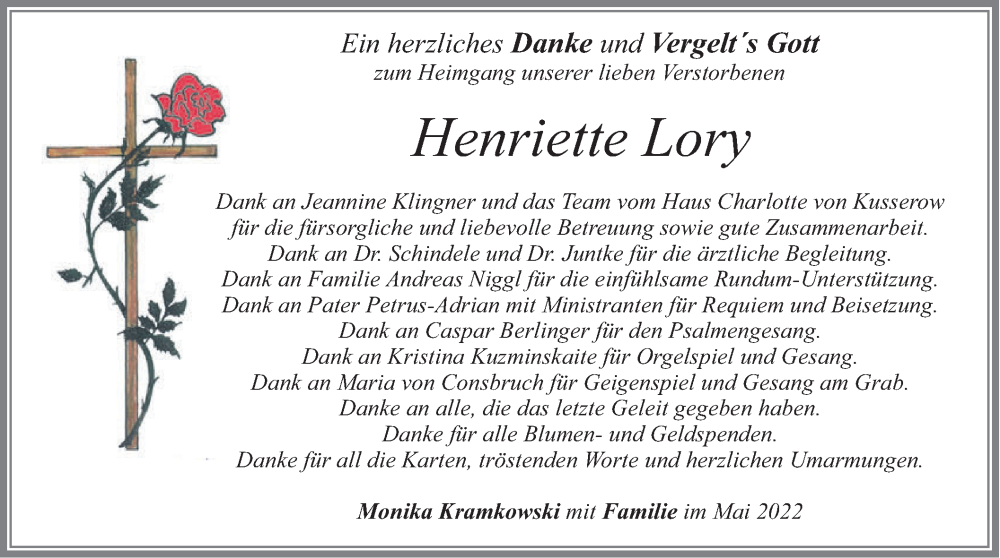  Traueranzeige für Henriette Lory vom 28.05.2022 aus merkurtz