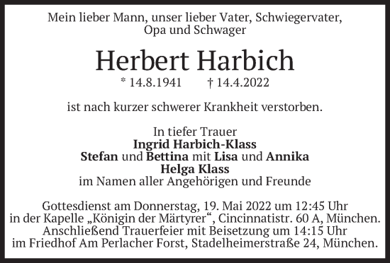 Traueranzeige von Herbert Harbich von merkurtz