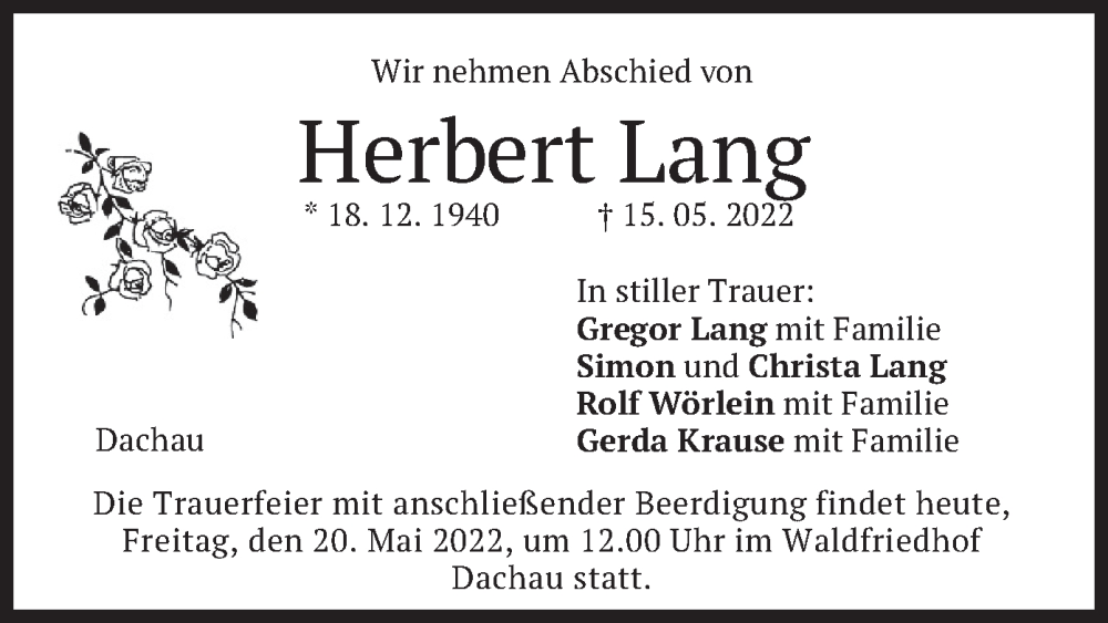  Traueranzeige für Herbert Lang vom 20.05.2022 aus merkurtz