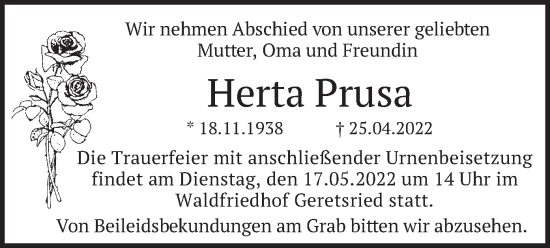 Traueranzeige von Herta Prusa von merkurtz