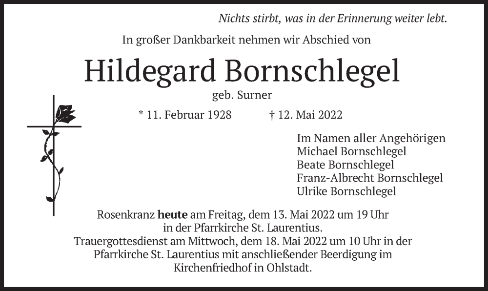  Traueranzeige für Hildegard Bornschlegel vom 13.05.2022 aus merkurtz