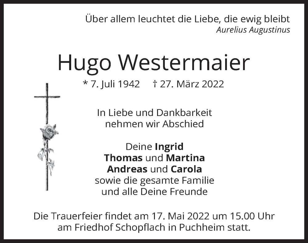  Traueranzeige für Hugo Westermaier vom 14.05.2022 aus merkurtz