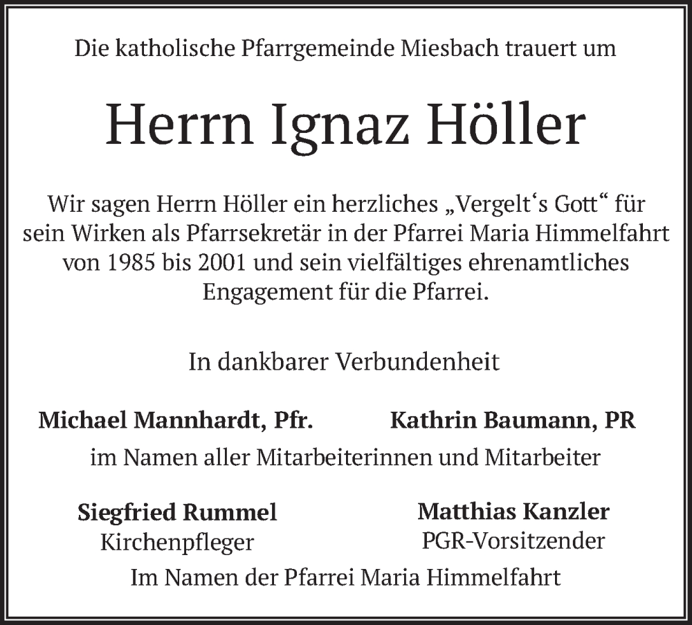  Traueranzeige für Ignaz Höller vom 07.05.2022 aus merkurtz