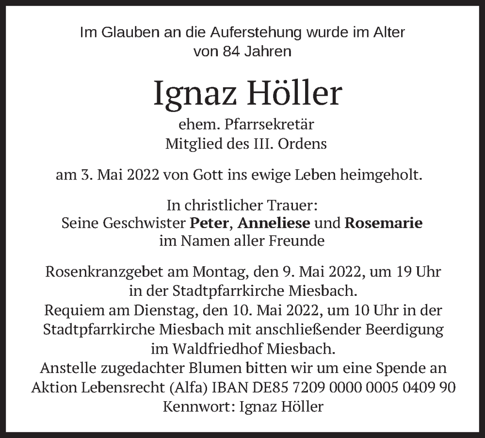  Traueranzeige für Ignaz Höller vom 07.05.2022 aus merkurtz