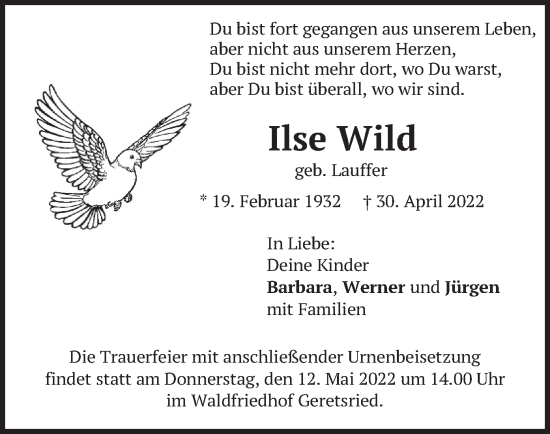 Traueranzeige von Ilse Wild von merkurtz