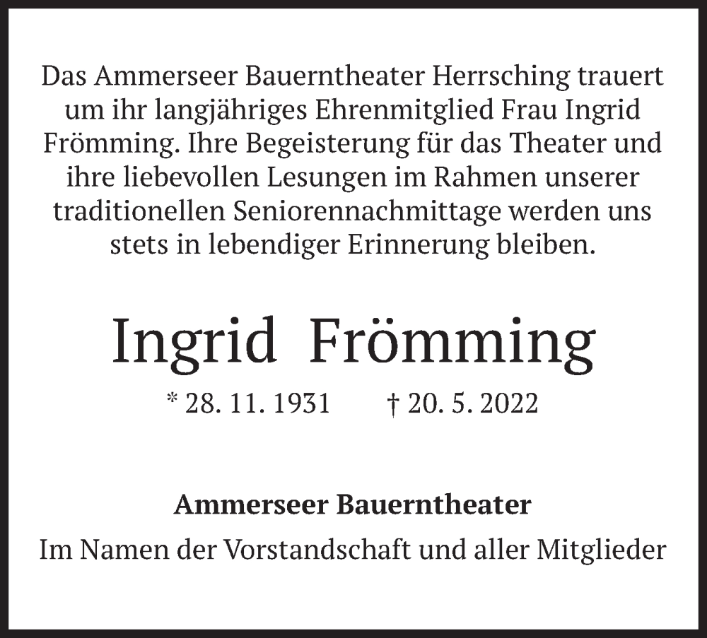  Traueranzeige für Ingrid Frömming vom 28.05.2022 aus merkurtz