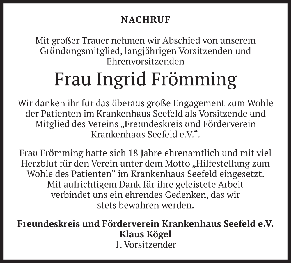  Traueranzeige für Ingrid Frömming vom 31.05.2022 aus merkurtz