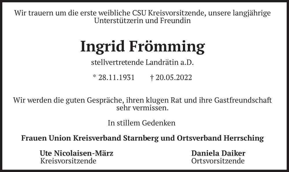  Traueranzeige für Ingrid Frömming vom 28.05.2022 aus merkurtz