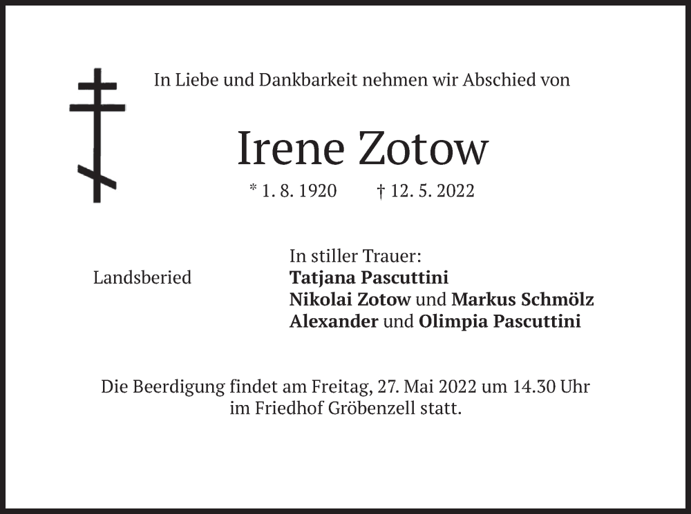  Traueranzeige für Irene Zotow vom 21.05.2022 aus merkurtz