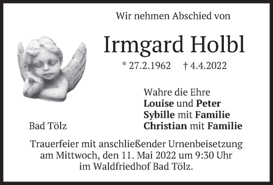 Traueranzeige von Irmgard Holbl von merkurtz