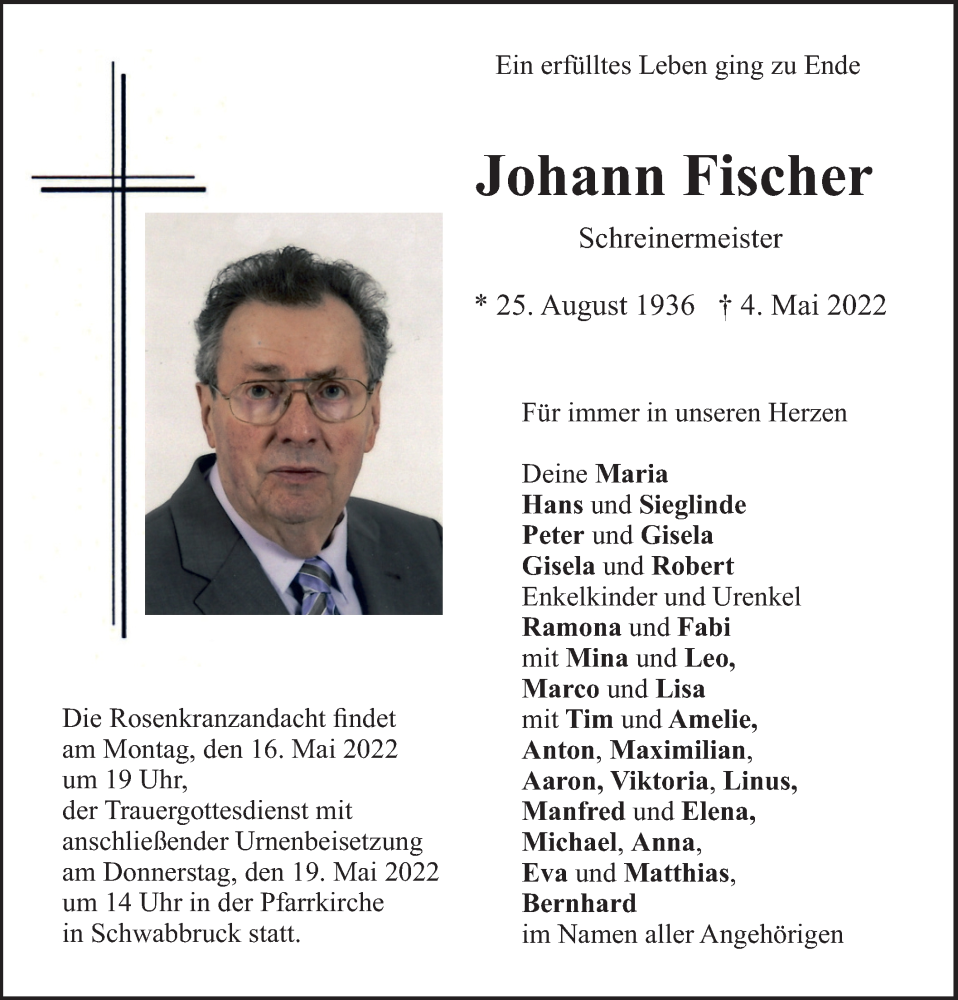  Traueranzeige für Johann Fischer vom 14.05.2022 aus merkurtz