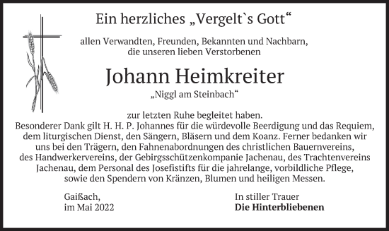 Traueranzeige von Johann Heimkreiter von merkurtz
