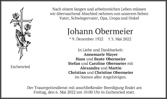 Traueranzeige von Johann Obermeier von merkurtz