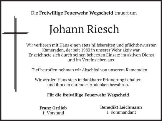Traueranzeige von Johann Riesch von merkurtz