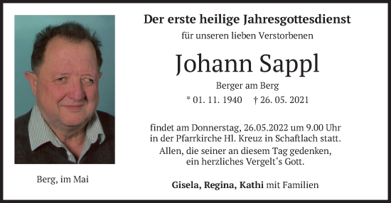Traueranzeige von Johann Sappl von merkurtz