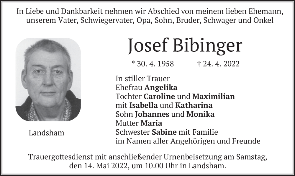  Traueranzeige für Josef Bibinger vom 07.05.2022 aus merkurtz