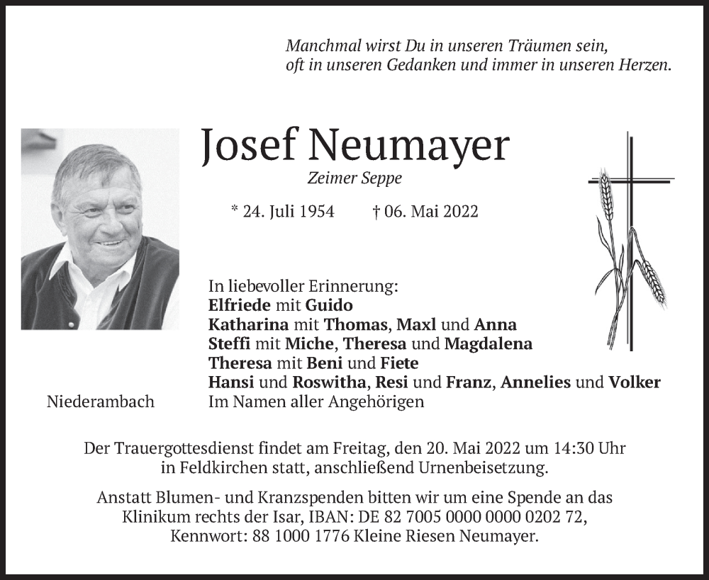  Traueranzeige für Josef Neumayer vom 17.05.2022 aus merkurtz