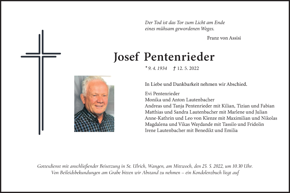  Traueranzeige für Josef Pentenrieder vom 21.05.2022 aus merkurtz