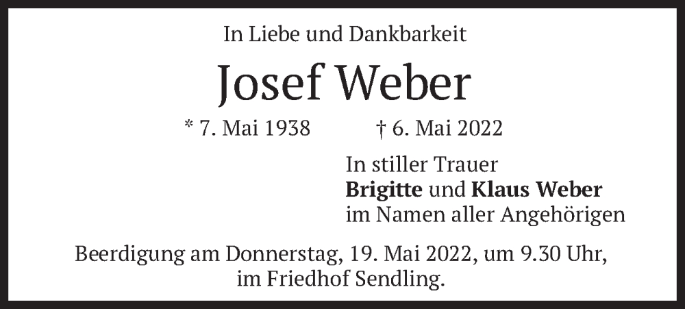 Traueranzeige für Josef Weber vom 14.05.2022 aus merkurtz