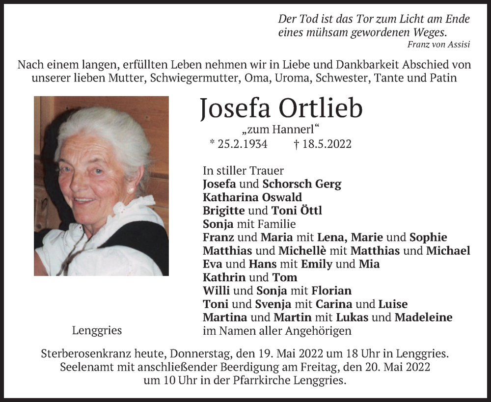 Traueranzeige für Josefa Ortlieb vom 19.05.2022 aus merkurtz