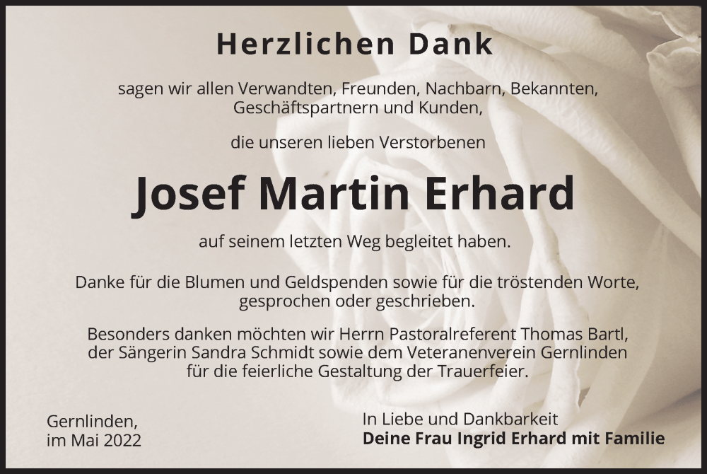  Traueranzeige für Josef Martin Erhard vom 14.05.2022 aus merkurtz