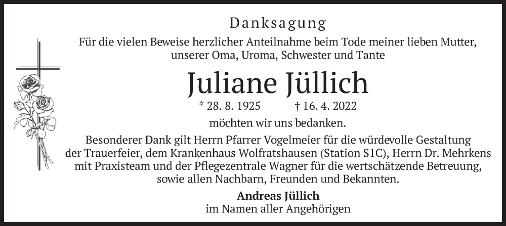  Traueranzeige für Juliane Jüllich vom 07.05.2022 aus merkurtz
