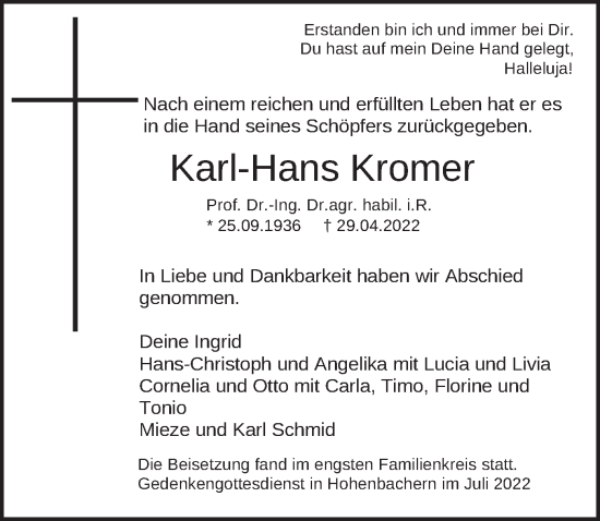 Traueranzeige von Karl-Hans Kromer von merkurtz