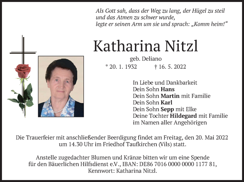  Traueranzeige für Katharina Nitzl vom 19.05.2022 aus merkurtz