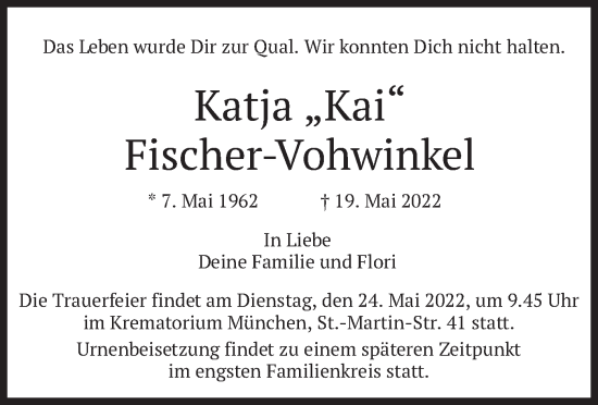 Traueranzeige von Katja Fischer-Vohwinkel von merkurtz
