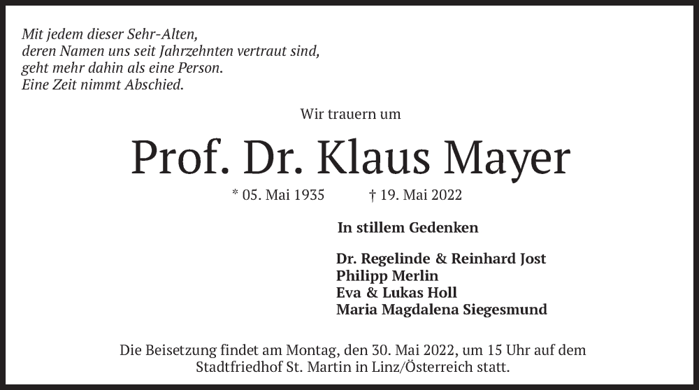  Traueranzeige für Klaus Mayer vom 28.05.2022 aus merkurtz