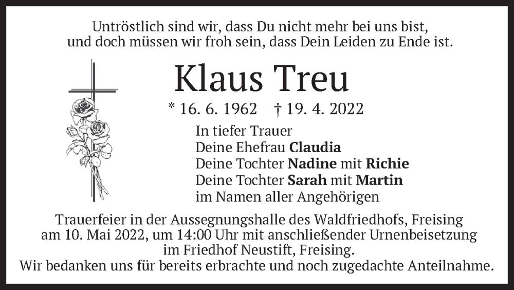  Traueranzeige für Klaus Treu vom 07.05.2022 aus merkurtz