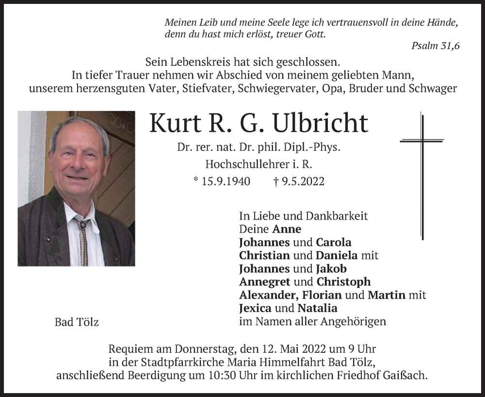  Traueranzeige für Kurt R. G. Ulbricht vom 10.05.2022 aus merkurtz