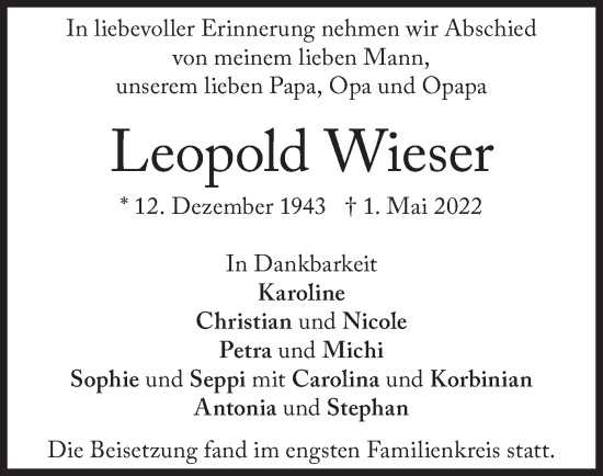 Traueranzeige von Leopold Wieser von merkurtz