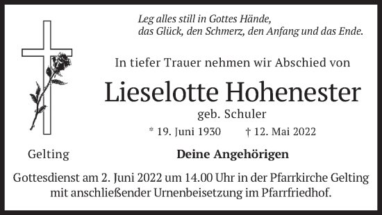 Traueranzeige von Lieselotte Hohenester von merkurtz