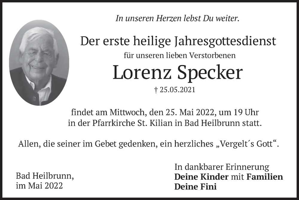  Traueranzeige für Lorenz Specker vom 21.05.2022 aus merkurtz