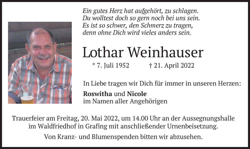  Traueranzeige für Lothar Weinhauser vom 14.05.2022 aus merkurtz