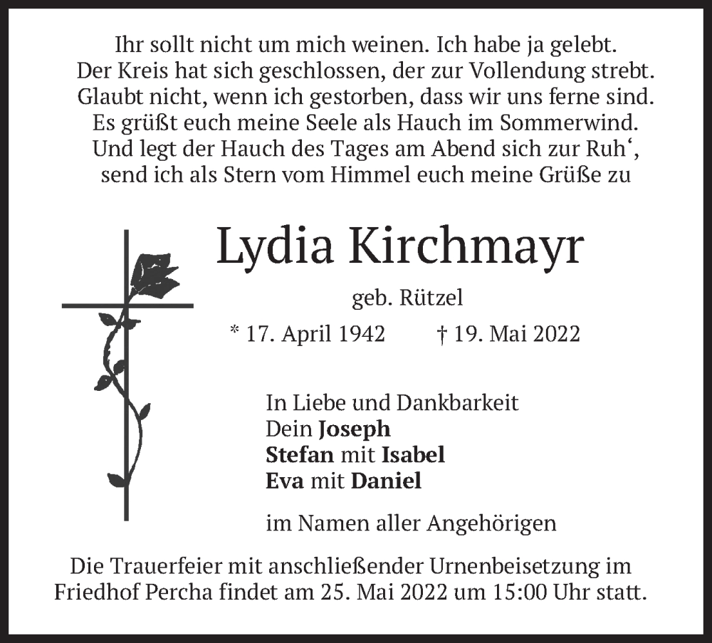  Traueranzeige für Lydia Kirchmayr vom 24.05.2022 aus merkurtz